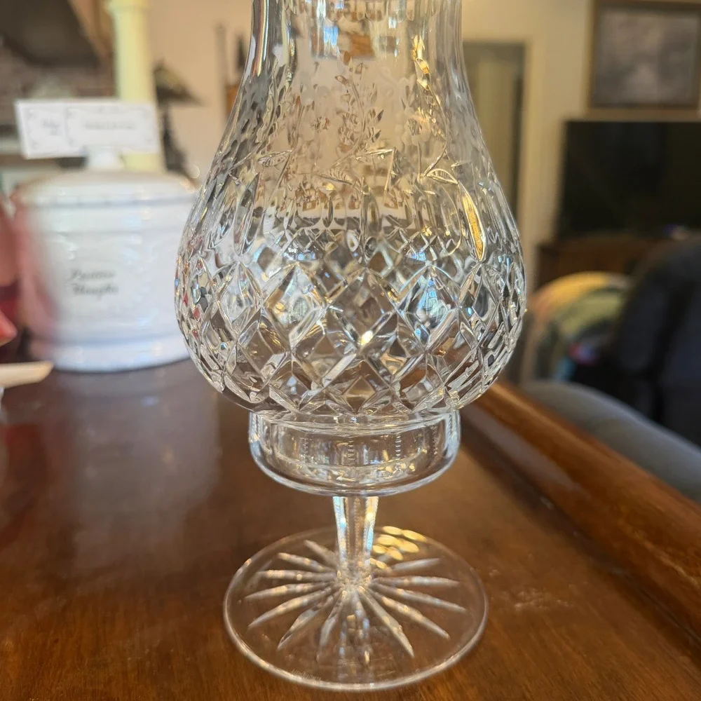 Vintage Crystal Hurricane Candle Holder Etched Floral Diamond 2 Piece Clear 7.5